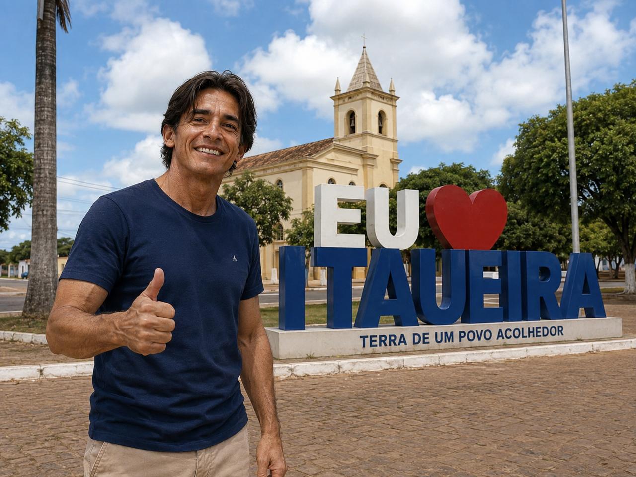 Joaquim Saraiva em frente à placa Eu Amo Itaueira, com a igreja matriz ao fundo